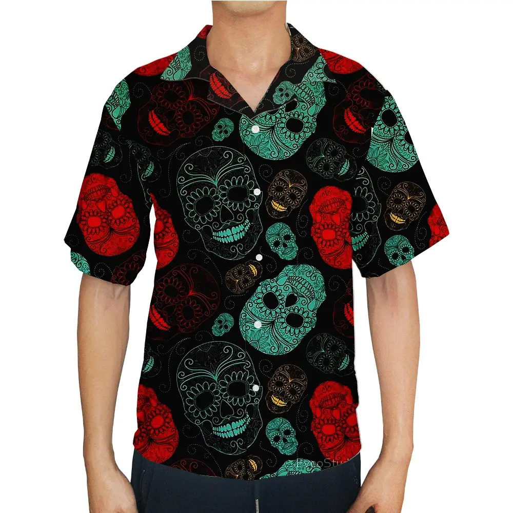 2021 Men Skull Rose Print Shirts Short Sleeve V Neck Streetwear Fashion Casual Skeleton Beach Top Hawaiian Blouse Homme Chemise