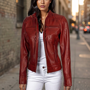 Chaqueta de Motocicleta de Cuero Genuino Borgoña para Mujer, Manga Larga, Cuello Alto, Cierre de Cremallera, Otoño, Venta al Por Mayor, Proveedor con Logotipo Personalizado 2026 - Product Image 2