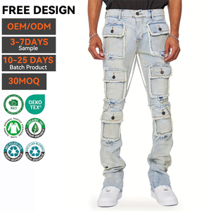 High Quality Mid <b>Waist</b> Stretch Light Casual Solid Denim <b>Jeans</b> Vintage Custom logo Streetwear Straight Stacked Slim Fit <b>Elastic</b> - Product Image 1