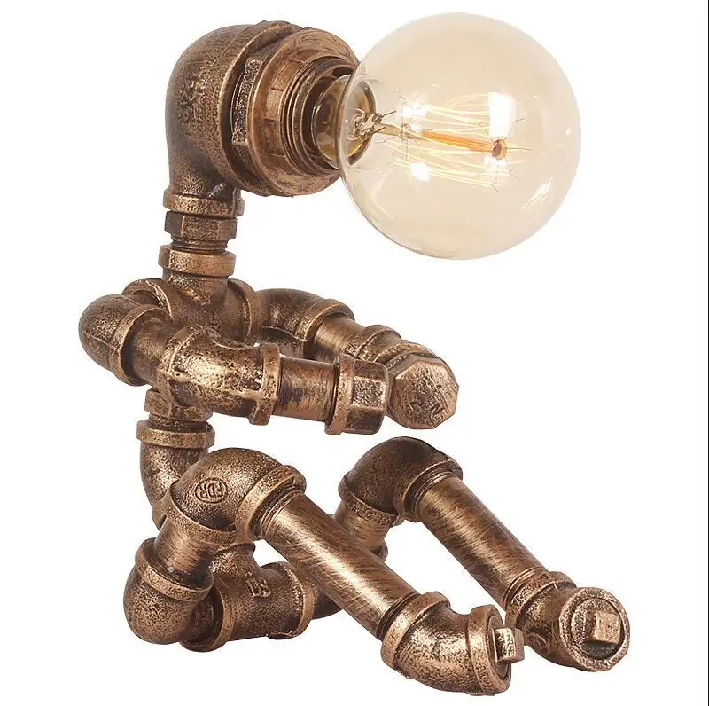 Modern Unique Retro steampunk Lamps Water Pipe Metal Wood Table Lamp For Indoor