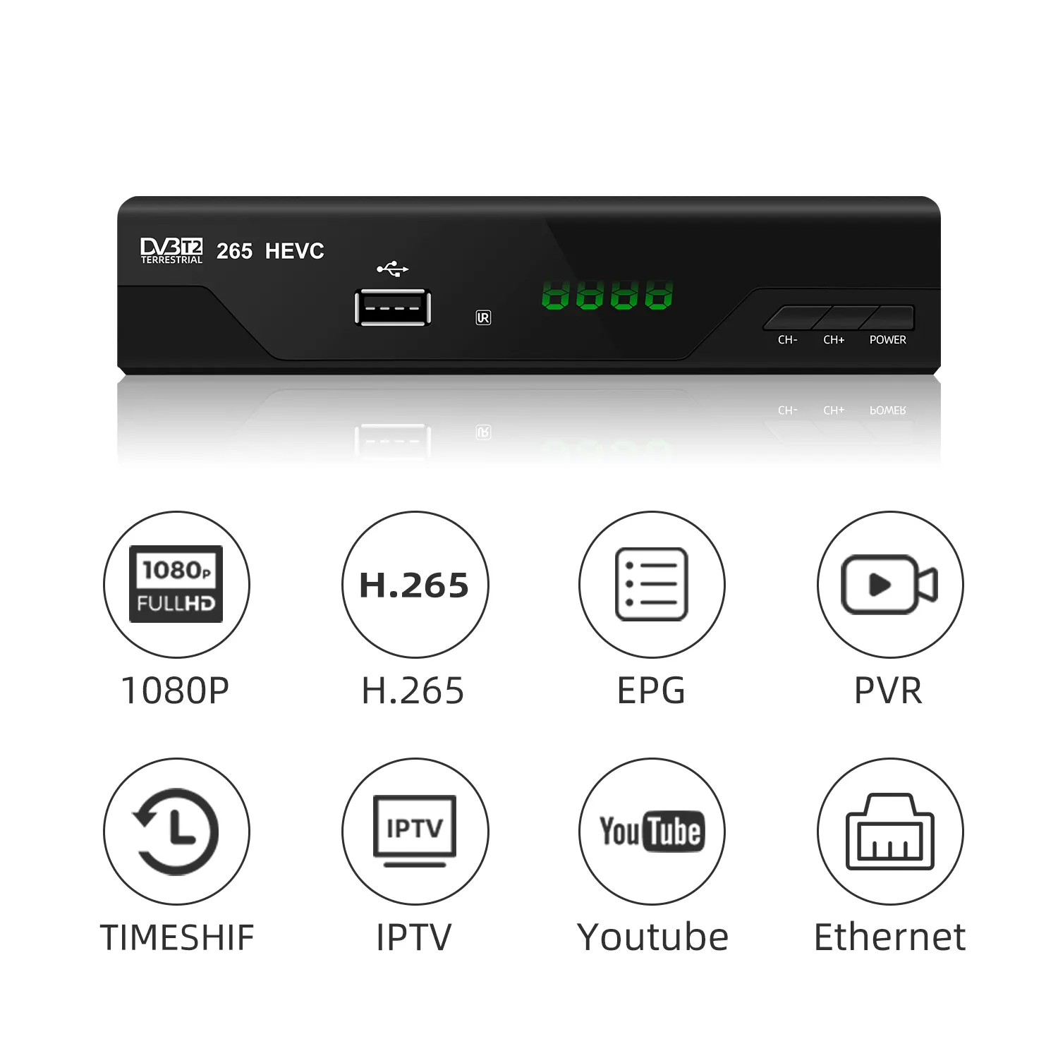ยุโรป FTA ดิจิตอล Full HD DVB-T2 Terrestrial Receiver H.265 HEVC USB MediaPlayer SCART