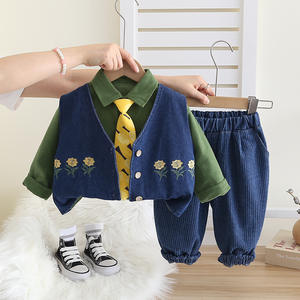 Qingli Logo personnalisable décontracté coton à manches longues chemise trois pièces ensemble Shorts haute qualité garçon motif floral enfants tenue - Product Image 2