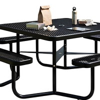 Table de pique-nique carrée noire OEM 78 pouces avec chaises, ensemble pour jardin/patio, camping, table et bancs robustes en métal expansé, portable