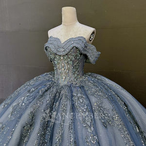 Vestido de Fiesta Largo Azul Dulce Color Caramelo para Quinceañera con Apliques de Encaje, Bordado y Cuentas LSMC75 - Product Image 2