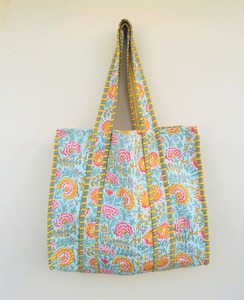 Elegant Handcrafted Cotton Quilted Floral Block Print Tote <b>Bag</b> Eco Friendly <b>Boho</b> Shoulder <b>Bag</b> - Product Image 1
