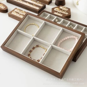 Jewelry Display Trays Walnut Wood Velvet Storage <b>Ring</b> <b>Necklace</b> Organizer For Retail Showcase - Product Image 2