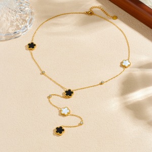 Fashion Pendant Necklace Gold Plated Black Flower Y Shape Long Chain Daily Wear - Product Image 3