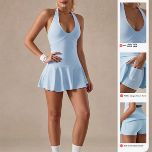 Robe-jupe de tennis unie transfrontalière avec coussinet de poitrine, col suspendu, dos élégant, anti-roulement, légère, pour le sport, le yoga en extérieur, en nylon - Product Image 4