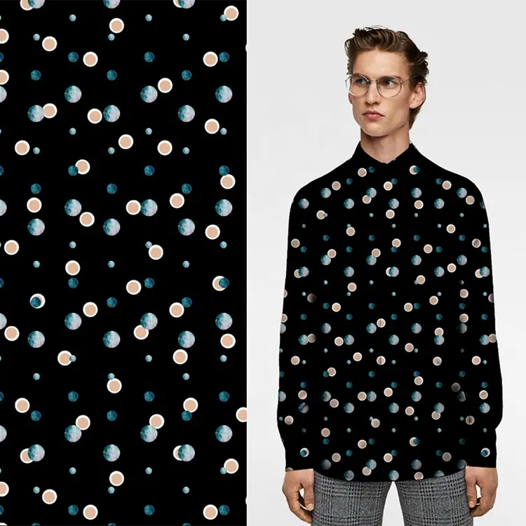 Eco-Friendly casual 100% polyester digital printed polka dot long sleeve button down shirt for men black
