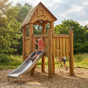 Ensemble d'équipements <span class=keywords><strong>de</strong></span> <span class=keywords><strong>jeux</strong></span> en bois d'extérieur pour enfants <span class=keywords><strong>avec</strong></span> structure d'escalade et toboggan pour parcs, écoles, jardins - Série Hut YY-FZ1007 - Product Image 1