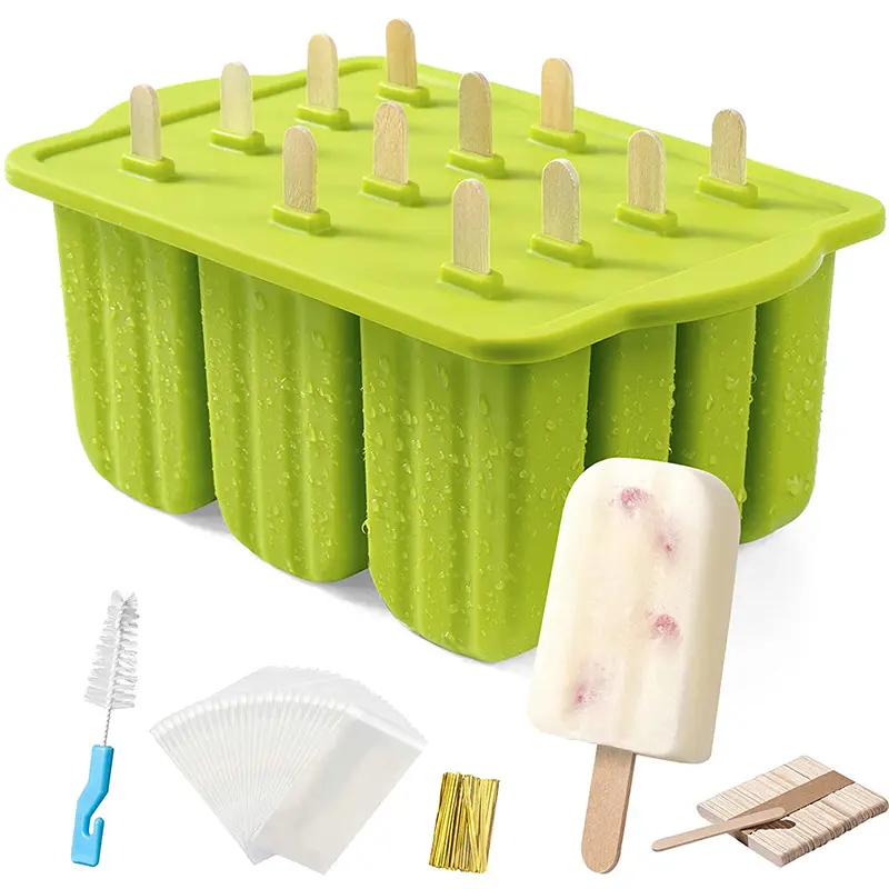 Moules à glace en silicone à 12 cavités avec bâtons à glace Sacs à glace et brosse de nettoyage pour enfants et adultes
