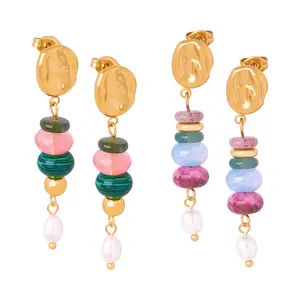 18K Gold Plated Stainless Steel Jewelry Women's Love Natural Healing Gemstone Stone Bead Pearl Dangle Drop Stud Earrings