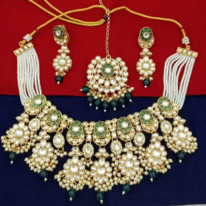 Conjunto de collar de Gargantilla Kundan pesado chapado en oro indio con parte trasera Meenakari para niñas mujeres ropa de fiesta - Product Image 1