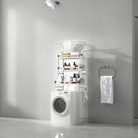 Étagère de rangement pour linge gain de place au-dessus de la machine à laver, en acier blanc thermolaqué avec barre porte-serviettes et crochets pour buanderie
