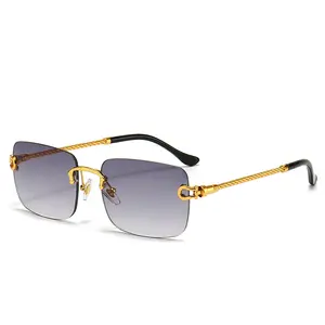 Fashion Square Luxury Cut Edge Rimless Ladies Gold Designer Eye Glasses Frames Twist Arms Metal Frame Rectangle Sunglasses