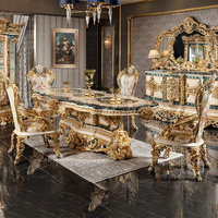 Ensemble de table à manger de style rococo français avec plateau en bois blanc doré de luxe et chaises rembourrées haut de gamme
