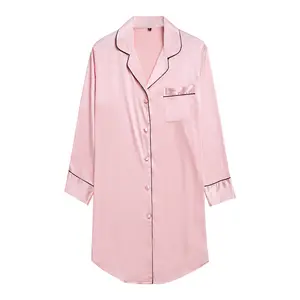 Wholesale Button Front Satin Night Gown Sexy Pajama Shirt Dress Women