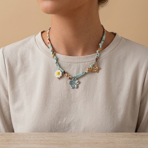 Collar <span class=keywords><strong>de</strong></span> Mujer Estilo Bohemio Fatingna, Tela y Seda <span class=keywords><strong>con</strong></span> Acero Inoxidable, Cerámica, Circonita Cúbica, Flor Azul, Collar Moderno - Product Image 6