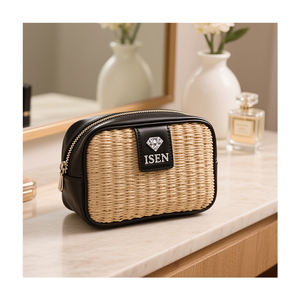 Bolsa de Maquillaje de Felpa con Tejido de Paja <span class=keywords><strong>ISEN</strong></span> para Mujer, Bolsa de Cosméticos de Viaje, Organizador de Artículos de Tocador, Logotipo Personalizado, Servicio ODM OEM - Product Image 1