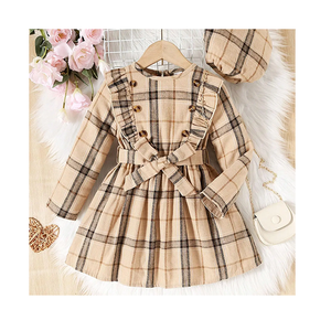 Robe Classique Vintage pour Filles, Manches Longues, Coton à Carreaux, pour 2-7 Ans, Élégante, Polyester, Manches Longues, Volants, Vêtements pour Bébé - Product Image 1