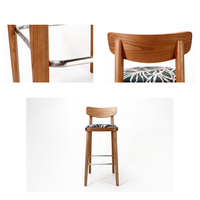 Tabouret de bar moderne du milieu du siècle en bois de frêne avec dossier et coussin moelleux, chaise de bar pour pub, café, avec anneau de pied en acier inoxydable