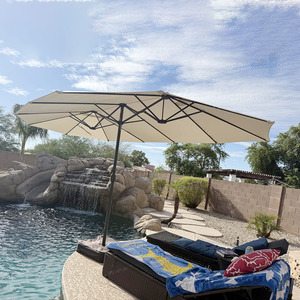Sombrilla de Patio de 15 pies con Base, Sombrilla Rectangular Grande de Doble Cara Color Beige para Exteriores con Manivela para el Borde de la Piscina - Product Image 2