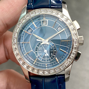 Montre mécanique automatique classique avec complications, cadran bleu, lunette sertie de diamants, pour célébrations, galas caritatifs et événements commémoratifs - Product Image 1