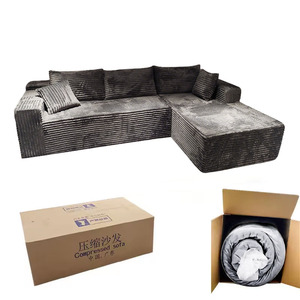 Canapé sectionnel en velours côtelé <span class=keywords><strong>gris</strong></span> foncé de qualité supérieure, mousse sous vide personnalisée, canapé en forme de L compressé pour petit appartement - Product Image 1