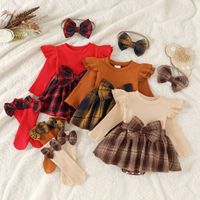 Nouvelle collection Printemps 2026 : Ensemble bébé fille en coton, jupe à manches longues, motif écossais, avec nœud, fermeture boutonnée, ceinture et chaussettes, idéal pour Noël