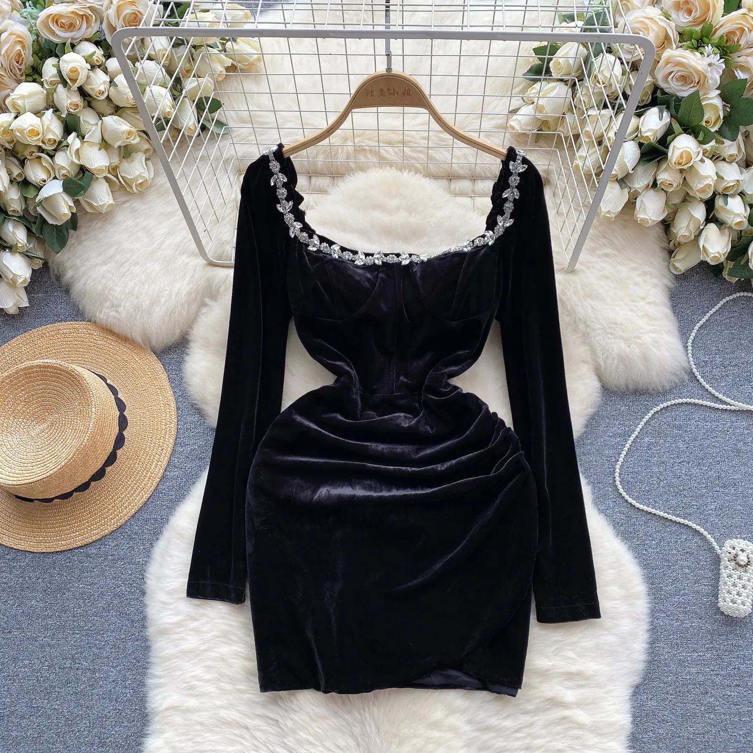 Vestido midi casual feminino de gola quadrada romana manga comprida Empire diamantes rendas vestidos preto