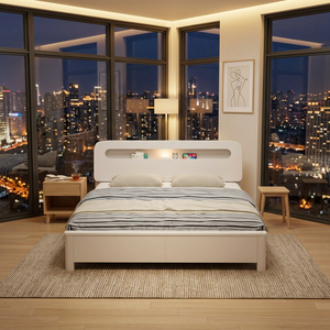 Cama Minimalista con Plataforma, Tamaño Completo, Blanca, MDF, Diseño con Almacenamiento, Estructura de Madera - Product Image 2