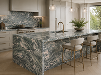 Dalles de quartzite naturel émeraude des Alpes polies, découpées sur mesure, pour carrelage de sol, plans de travail d'îlots de cuisine, comptoirs de bar et dessus de tables consoles