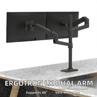 Bras double pour moniteur Ergotron LX, orientation verticale/horizontale, support haut en alliage d'aluminium noir, capacité de charge de 40 pouces