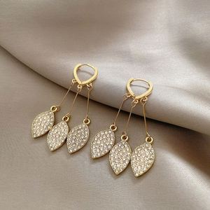 Shiny Rhinestone Leaf Jewelry Tassel Dangle Drop <b>Earrings</b> Gold Plated <b>Stud</b> <b>Earrings</b> - Product Image 6