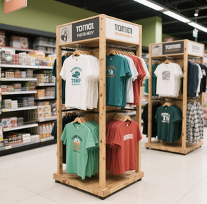 מתקני תצוגה מעץ מודרניים בהתאמה אישית לחולצות טי, מעמדי רצפה לסופרמרקט, הרכבה קלה, מותג סנטרויאל - Product Image 3