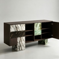 Meuble de salon de villa de luxe moderne, bar à vin, placard à vin, placage marbre, panneau multicouche en pierre, 3 portes, 3 tiroirs, mobilier de maison