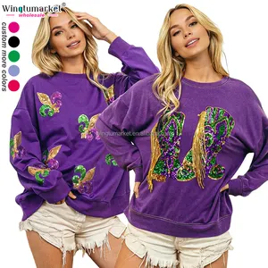 Mardi Gras ropa sudaderas fleur de lis pullover flecos bota chenille parches lentejuelas Sudadera de cuello redondo de gran tamaño para mujer