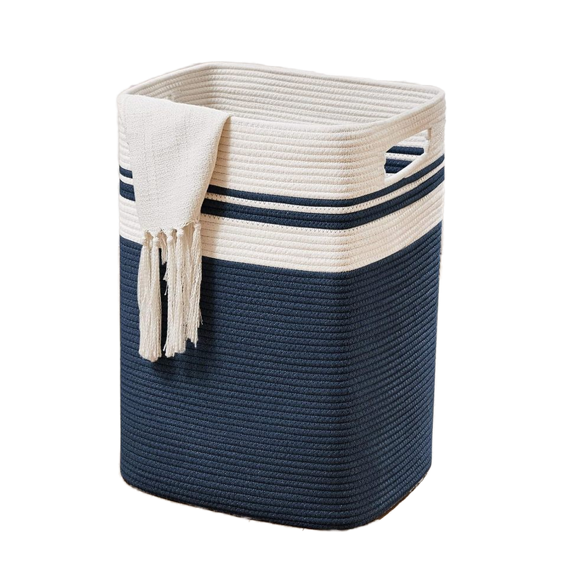 Blue Collapsible Laundry Hamper Tall Cotton