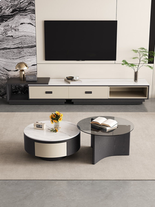 Set di Tavolini da <span class=keywords><strong>Caffè</strong></span> Moderni Rotondi con Cassetto in Pino e Piano in Pietra Sinterizzata, Tavolo Centrale per Soggiorno, Arredamento di Lusso - Product Image 1