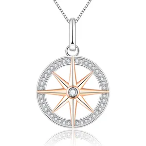 Rose Gold Rhodium Plated Custom Compass Charm Pendant 925 Sterling Silver Coin Necklace North Star Compass Necklace