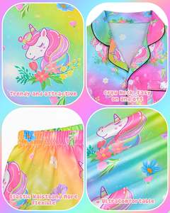 طقم بيجامات للفتيات حريري قوس قزح يونيكورن ملابس نوم قصيرة الأكمام بنطال طويل جامي للأطفال الصغار - Product Image 2