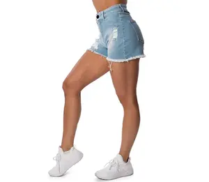 Womens Arctic Light Blue Denim Ripped High Waisted Fit Shorts Fitness Training Gym Jeans Shorts