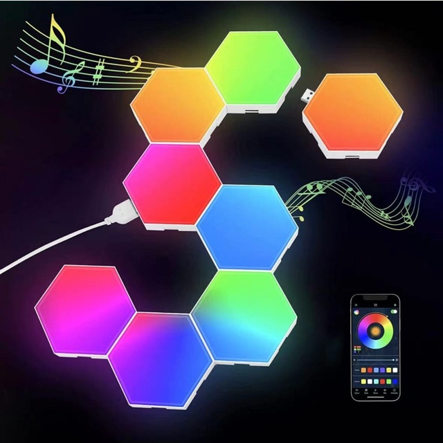 Cross-border WiFi Hexagonal Interlocking Quantum Light Gaming Smart App Control Sound-Sensing RGB Ambient Light Panel USB White