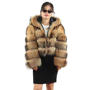 hot sale real raccoon fur coat with winter women new fashion beautiful warm short fur hooded jacket