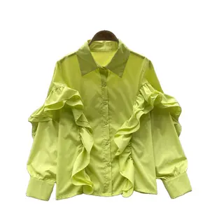 Blusa de manga larga con empalme con volantes, Festival de Primavera 2024, nuevo diseño de camisa de mujer de Color sólido suelto, moda coreana