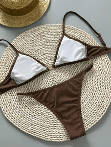 Conjunto de Bikini de Dos Piezas para Mujer, Triangular, Acanalado, Sólido, sin Espalda, con Tirantes Finos Ajustables, Corte Alto, Spandex/Poliéster, Transpirable, de Secado Rápido - Product Image 4