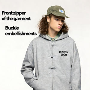 Custom LOGO New Chinese Style 410g <b>Fleece</b> <b>Zip</b>-<b>Up</b> <b>Hoodie</b> Mandarin Knot Button Closure Unisex Regular Jacket Solid 100% Cotton ODM - Product Image 2
