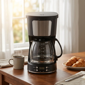 Cafetière à filtre électrique avec boîtier en plastique noir, capacité de 12 tasses, système de brassage domestique avec carafe en verre et commandes numériques - Product Image 1