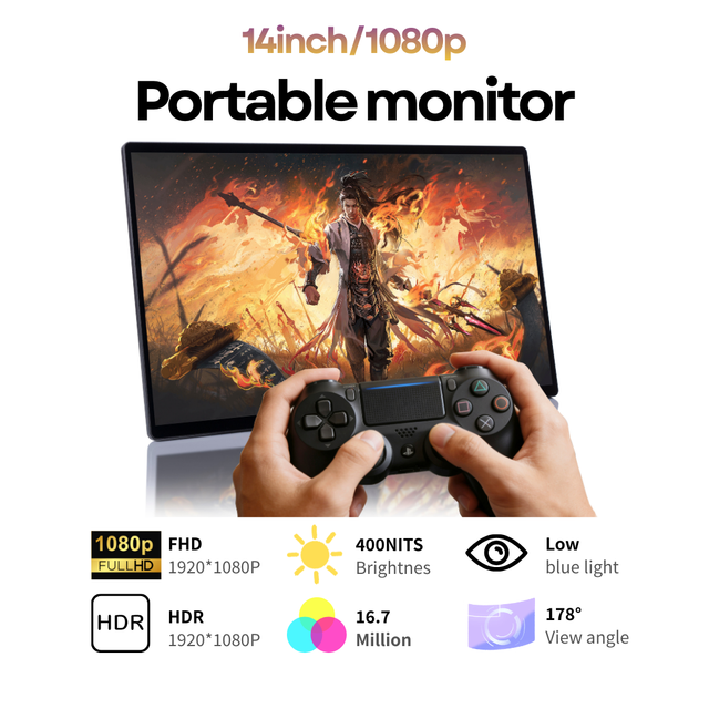 14" FHD 1080P 1500:1 Contrast Dual Speaker Portable Touch Screen Monitor for PS4 PS5 Switch Gaming Extension Portable Display