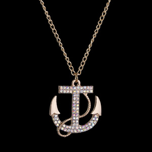 Yeni moda 2 renk çift katmanlı kristal Rhinestone çapa dümen kolye kişilik kadın uzun zincir kazak kolye - Product Image 6